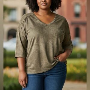 Israel Designer Marilen L / XL Olive Green V-Neck Faux Suede Top